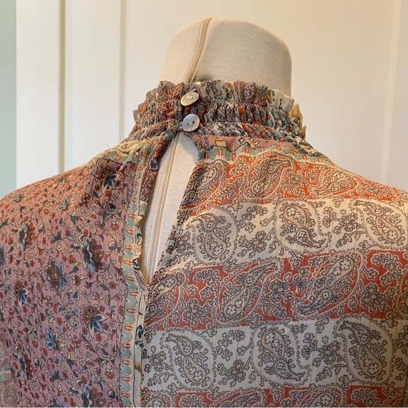 Sheer Smocked Patchwork Long Sleeve Mock Neck Blouse - Size M - Picture 6 of 10